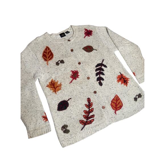 Vintage 90s Jenny Buchanan Fall Leaves Knit Cardigan Sweater - Picture 3 of 4